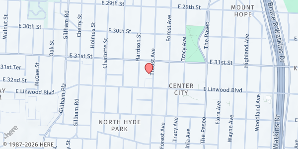 Map showing Glory Church at 3124 Troost Avenue, Kansas City, MO
