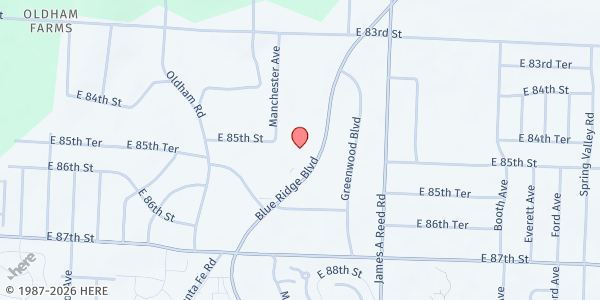 Map showing Grace Baptist Church at 8524 Blue Ridge Blvd., Kansas City, MO