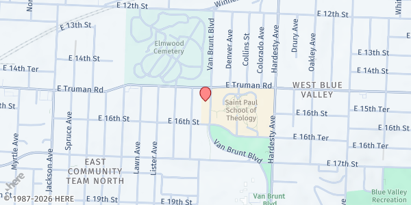 Map showing Guadalupe Center Inc at 1512 Van Brunt Boulevard, Kansas City, MO