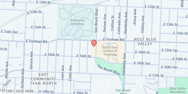 Map showing Guadalupe Center - Kansas City at 1512 Van Brunt Boulevard, Kansas City, MO