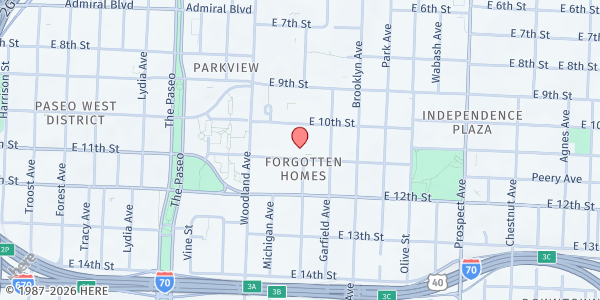 Map showing HappyBottoms at 1940 E 11th St, Kansas City, MO