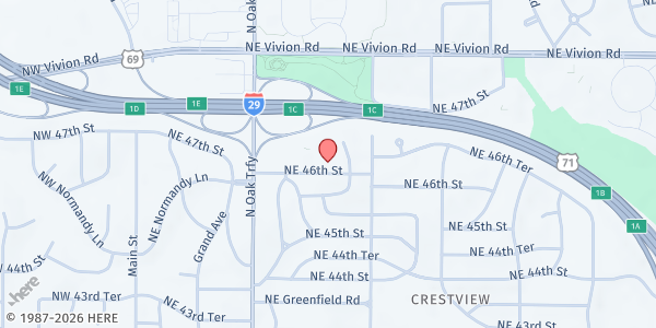 Map showing Harmony Vineyard Church at 600 NE 46th St., Kansas City, MO