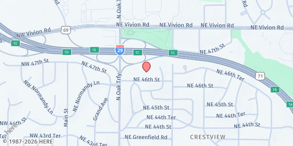 Map showing Harmony Vineyard Church at 600 NE 46th Street, Kansas City, MO