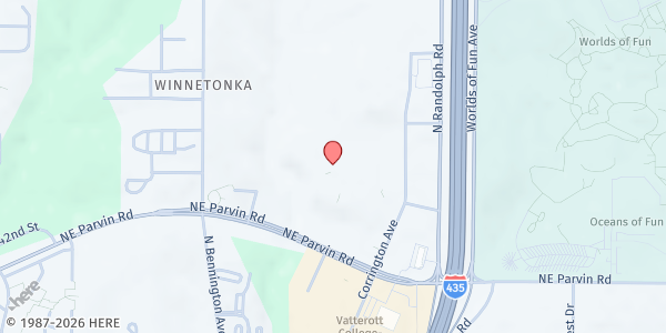 Map showing Harvest Church at 4300 N. Corrington Ave., Kansas City, MO