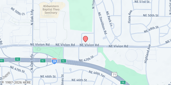 Map showing Hillside Christian Church at 900 NE Vivion Rd, Kansas City, MO