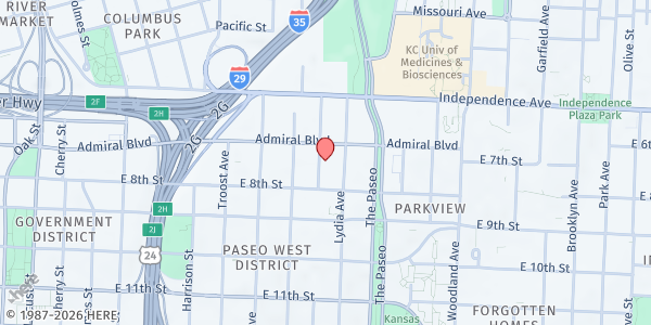 Map showing Hope Faith Ministries at 705 Virginia Avenue, Kansas City, MO