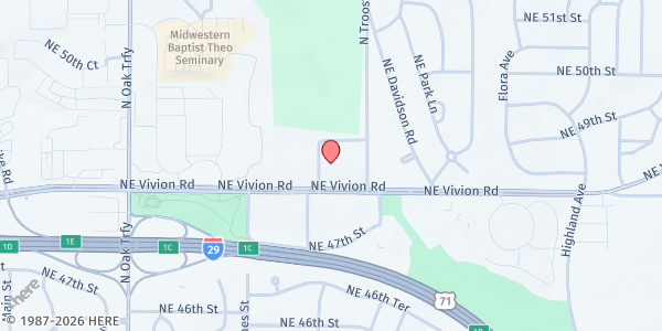 Map showing HOPE.wrx Food Pantry at 900 NE Vivion Road, Kansas City, MO