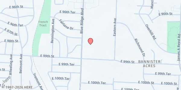 Map showing Impact Church KC at 9801 Blue Ridge Blvd., Kansas City, MO