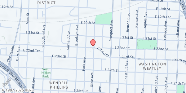 Map showing In His Presence Ministries at 2124 Olive St., Kansas City, MO