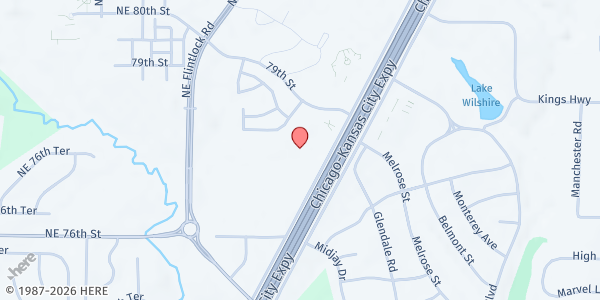 Map showing Kansas City Church Food Pantry at 7700 N. Church Rd., Kansas City, MO