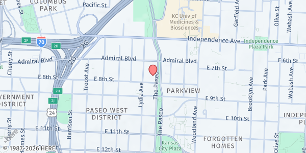 Map showing Kansas City Community Kitchen at 750 Paseo Blvd, Kansas City, MO