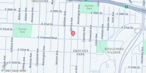 Map showing Linwood Blvd SDA Temple at 4300 Linwood Blvd., Kansas City, MO