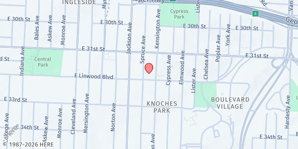 Map showing Linwood S.D.A. at 4300 Linwood Boulevard, Kansas City, MO