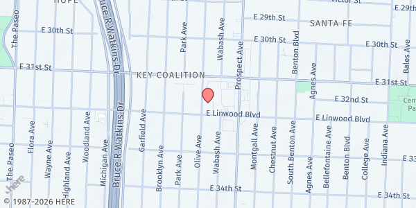 Map showing Linwood United Church at 3151 Olive Street, Kansas City, MO