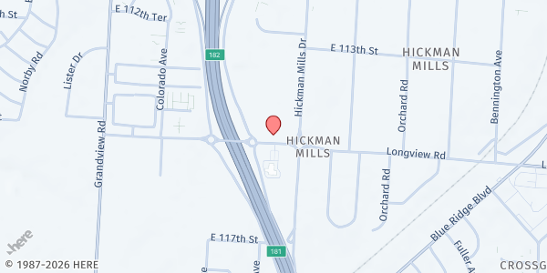 Map showing Memorial Church International at 11424 Hickman Mills Dr., Kansas City, MO