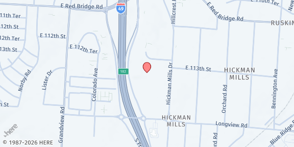 Map showing Memorial Church International at 11424 Hickman Mills Drive, Kansas City, MO