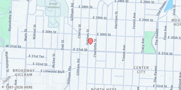 Map showing Metro Lutheran Ministry (MLM) - Central at 3031 Holmes Street, Kansas City, MO