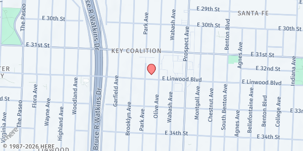 Map showing Metropolitan Missionary B.C. at 2310 Linwood Boulevard, Kansas City, MO