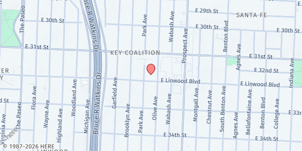 Map showing Metropolitan Missionary Baptist Church at 2310 E. Linwood Blvd., Kansas City, MO