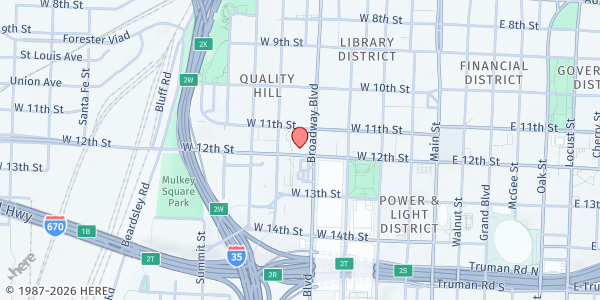 Map showing Morning Glory Ministries Free Breakfast Location at 20 W. 9th St., Kansas City, MO