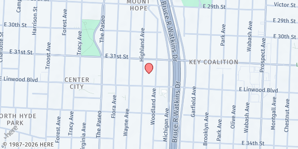 Map showing Mountaintop Inc at 1700 E Linwood Boulevard, Kansas City, MO