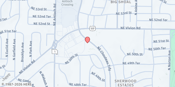 Map showing New Kingdom of Faith/Spirit and Truth at 5100 NE Chouteau Trafficway, Kansas City, MO