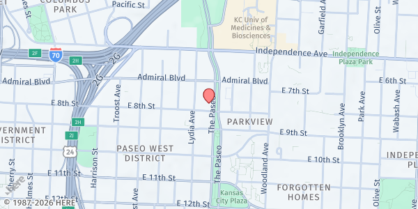 Map showing NourishKC Community Kitchen at 750 The Paseo, Kansas City, MO