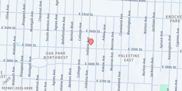 Map showing Oak Park Neighborhood Food Pantry at 3439 Indiana Ave., Kansas City, MO