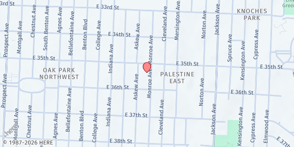 Map showing Palestine MBC of Jesus Christ at 3619 E. 35th St., Kansas City, MO