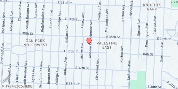 Map showing Palestine Missionary Baptist at 3619 E 35th Street, Kansas City, MO