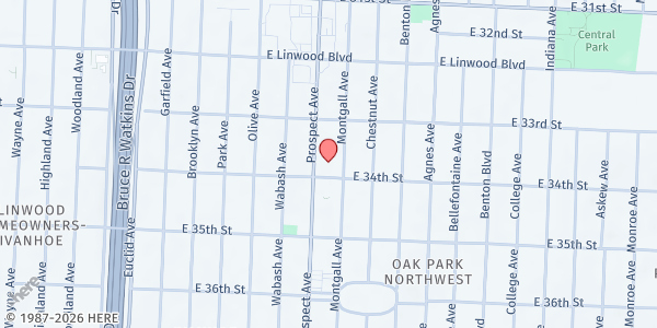 Map showing Palestine Senior Activity Center at 3325 Prospect Ave., Kansas City, MO