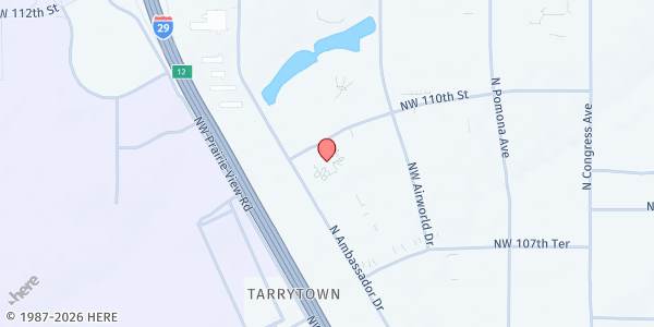 Map showing Platte County Public Health Department Mobile Pantry at 7925 NW 110th Street, Kansas City, MO