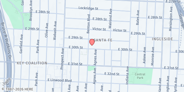 Map showing Pleasant Green Baptist Church at 2910 E 30th Street, Kansas City, MO
