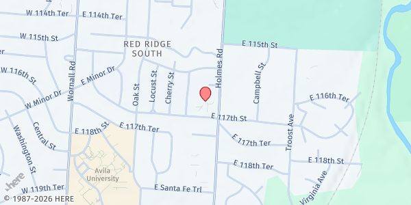 Map showing Red Bridge UMC at 636 E 117th St, Kansas City, MO