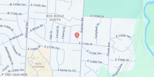 Map showing Red Bridge United Methodist at 636 E 117th St, Kansas City, MO