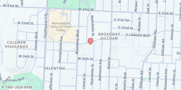 Map showing Redemptorist Center at 207 Linwood Blvd, Kansas City, MO