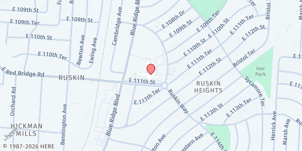 Map showing Ruskin High School at 7000 E 111th Street, Kansas City, MO