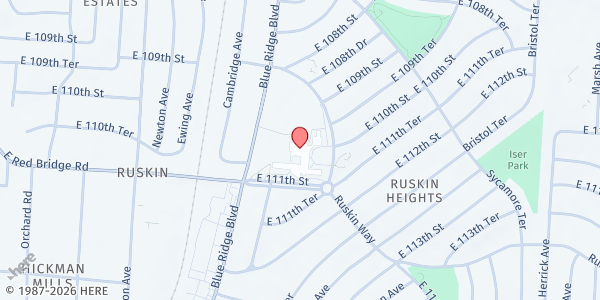 Map showing Ruskin High School Mobile Pantry at 7000 E. 111th St., Kansas City, MO