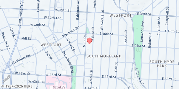 Map showing Saint Paul's Pantry TEFAP at 11 East 40th Street, Kansas City, MO