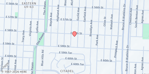 Map showing Saint Therese Catholic Church at 5814 Euclid Avenue, Kansas City, MO