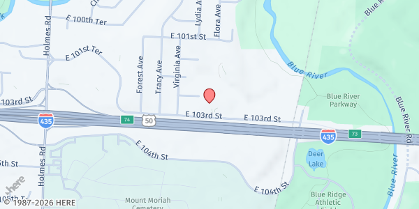 Map showing Serve the World at Evangel Church at 1414 E. 103rd St., Kansas City, MO