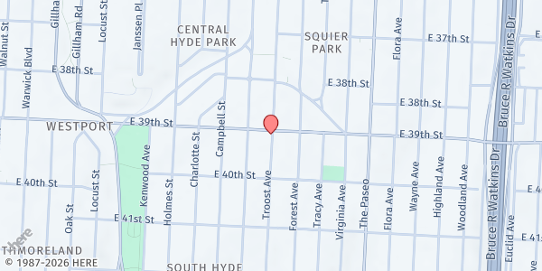 Map showing St James food pantry at 39th troost, Kansas City, MO
