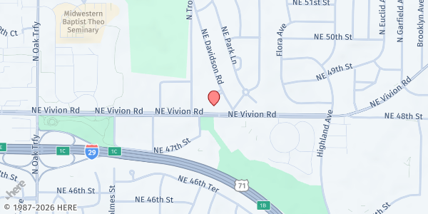 Map showing St. James Lutheran Church Food Pantry at 1104 NE Vivion Rd., Kansas City, MO