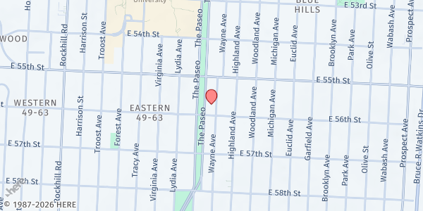 Map showing St. James UMC - Paseo at 5540 Wayne Avenue, Kansas City, MO