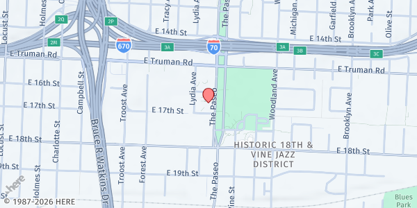 Map showing St. Monica Catholic Church at 1616 The Paseo, Kansas City, MO