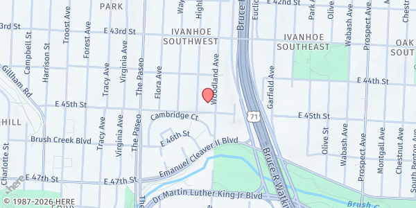 Map showing Sunlight Missionary Baptist at 4444 Woodland Avenue, Kansas City, MO