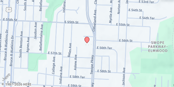 Map showing Swope Parkway Church of Christ at 5620 Swope Pkwy., Kansas City, MO