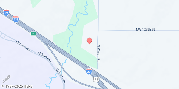 Map showing The Rock of KC Church at 12750 N Winan Road, Kansas City, MO