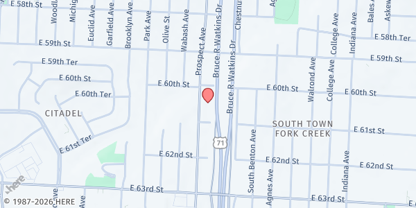 Map showing The Salvation Army Prospect Corps at 6025 Prospect Ave, Kansas City, MO