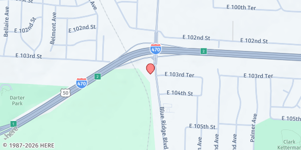 Map showing The Strickland Center at 10306 Blue Ridge Blvd, Kansas City, MO